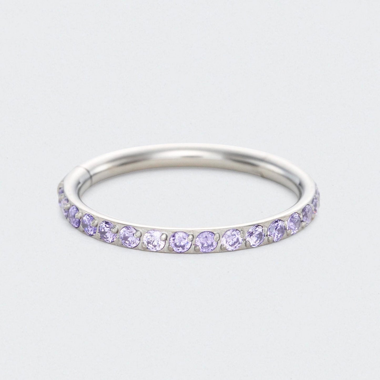 Purple CZ Side Facing Paved Hinged Segment Hoop Ring in Silver - Titanium