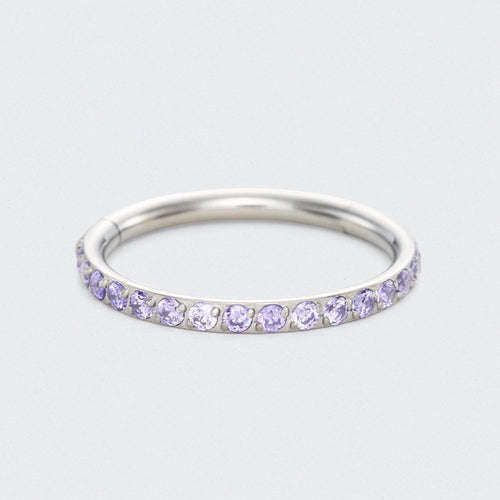 Purple CZ Side Facing Paved Hinged Segment Hoop Ring in Silver - Titanium