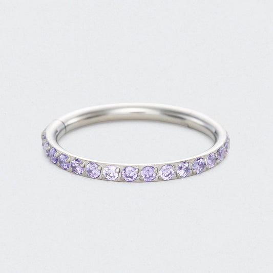 Purple CZ Side Facing Paved Hinged Segment Hoop Ring in Silver - Titanium