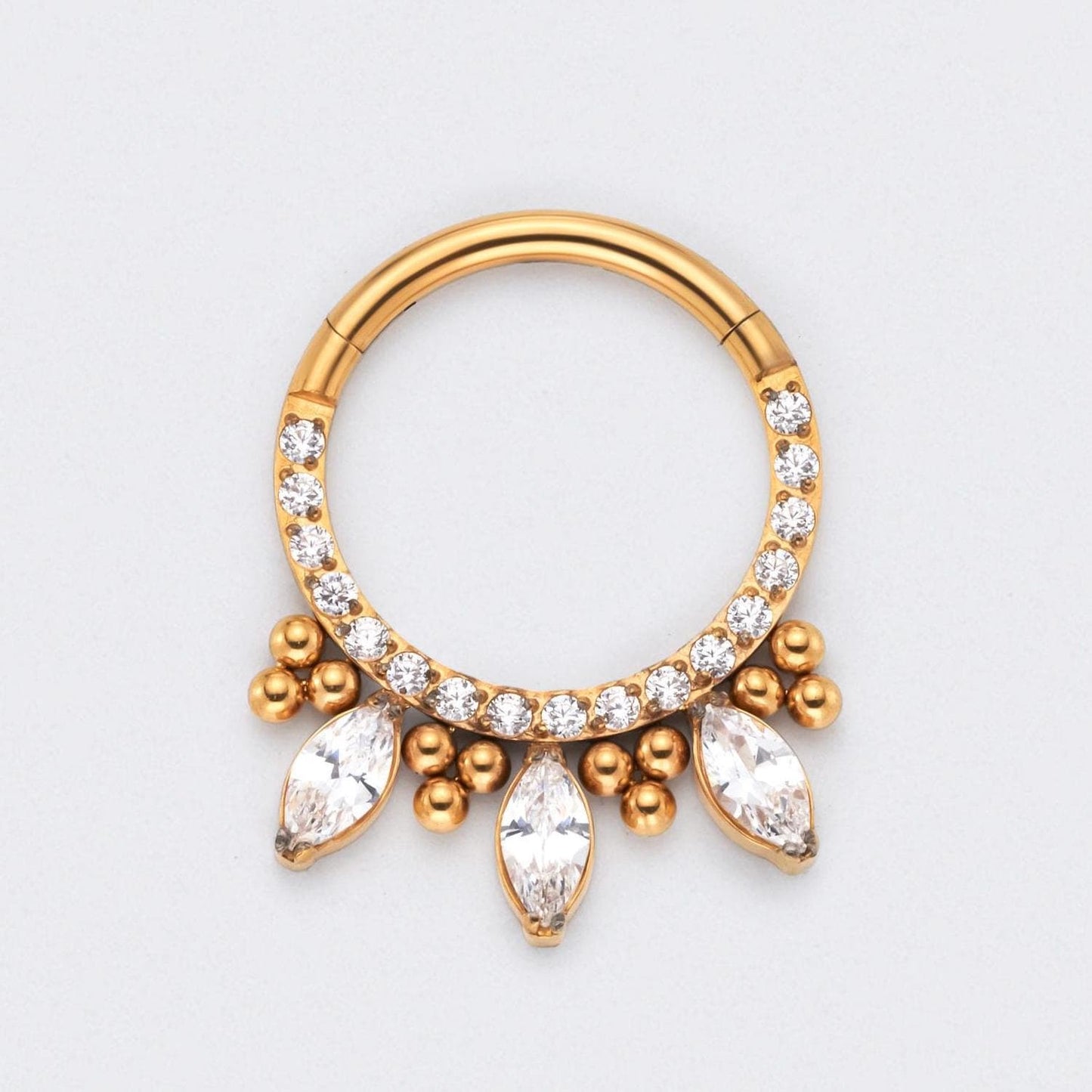 CZ Front face with 3 Marquise CZ and Bead Cluster Segment Hoop in Gold - Titanium