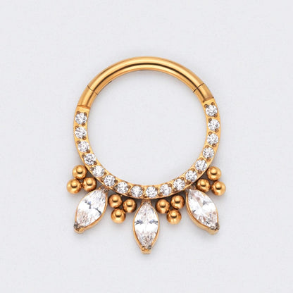 CZ Front face with 3 Marquise CZ and Bead Cluster Segment Hoop in Gold - Titanium
