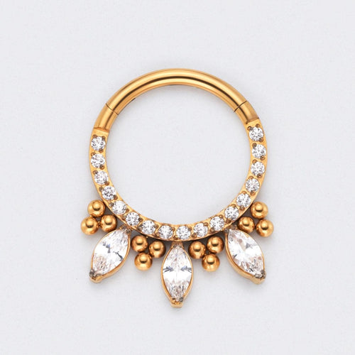 CZ Front face with 3 Marquise CZ and Bead Cluster Segment Hoop in Gold - Titanium