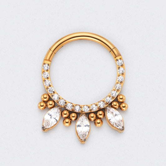 CZ Front face with 3 Marquise CZ and Bead Cluster Segment Hoop in Gold - Titanium