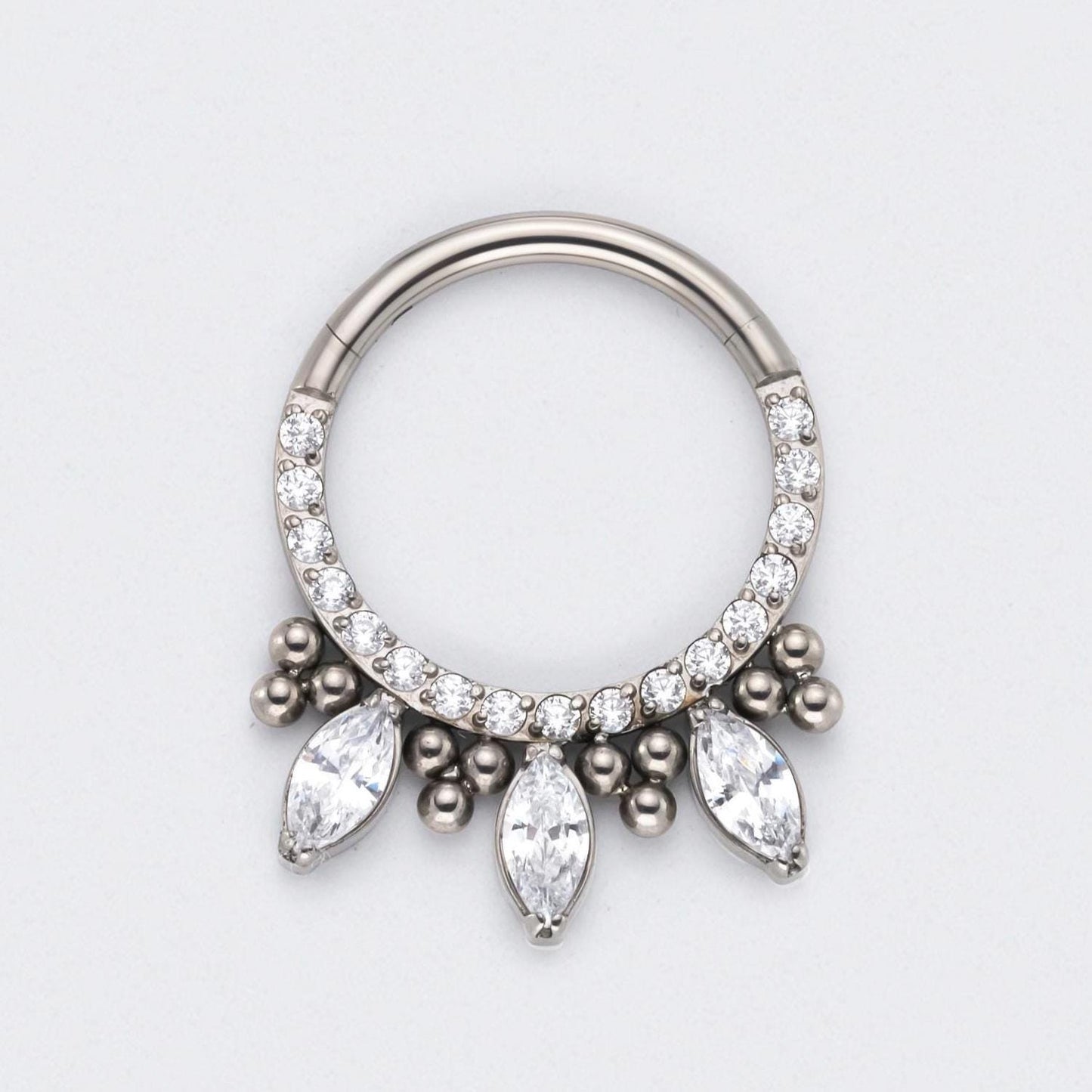 CZ Front face with 3 Marquise CZ and Bead Cluster Segment Hoop in Silver - Titanium