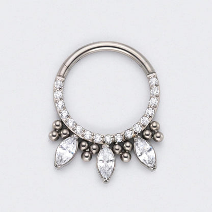 CZ Front face with 3 Marquise CZ and Bead Cluster Segment Hoop in Silver - Titanium