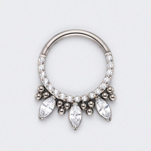 CZ Front face with 3 Marquise CZ and Bead Cluster Segment Hoop in Silver - Titanium