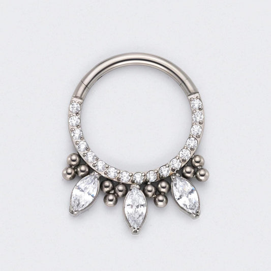 CZ Front face with 3 Marquise CZ and Bead Cluster Segment Hoop in Silver - Titanium