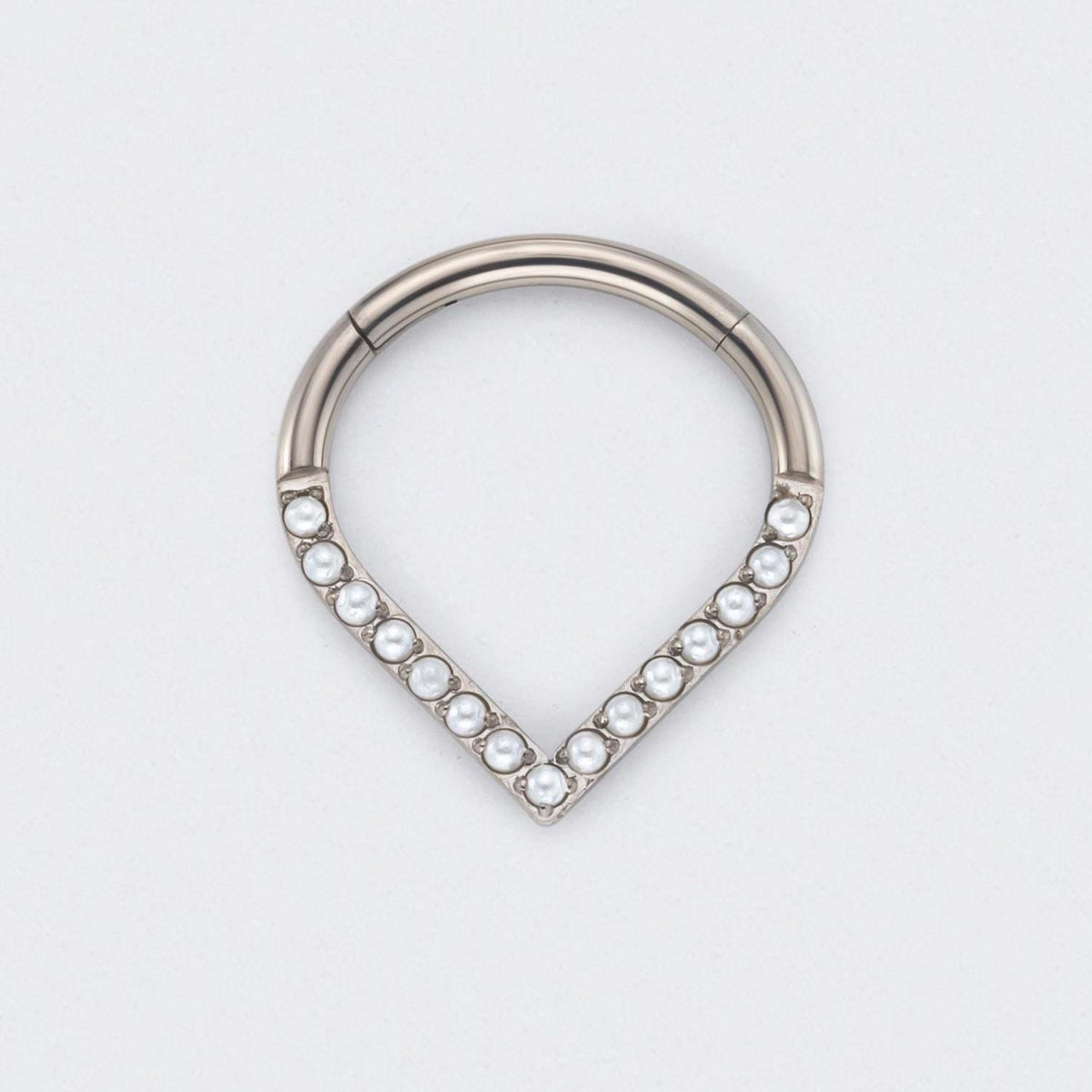 V Shape with Pearl Front Facing Segment Hoop in Silver - Titanium