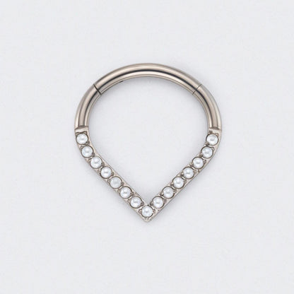 V Shape with Pearl Front Facing Segment Hoop in Silver - Titanium