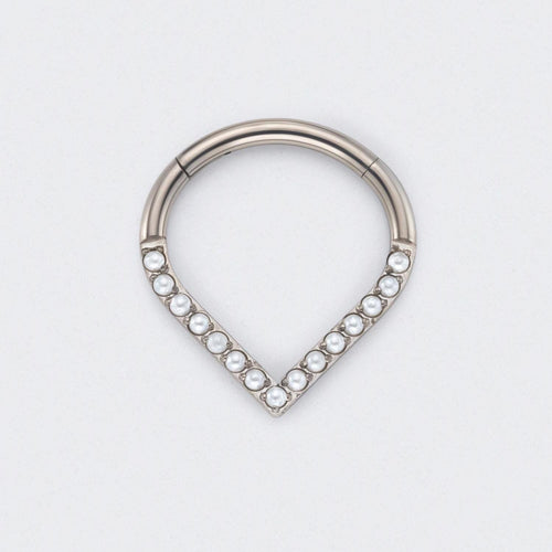 V Shape with Pearl Front Facing Segment Hoop in Silver - Titanium