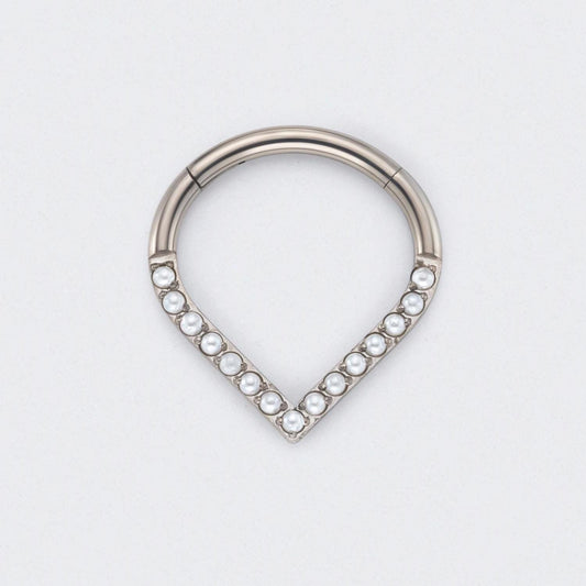 V Shape with Pearl Front Facing Segment Hoop in Silver - Titanium