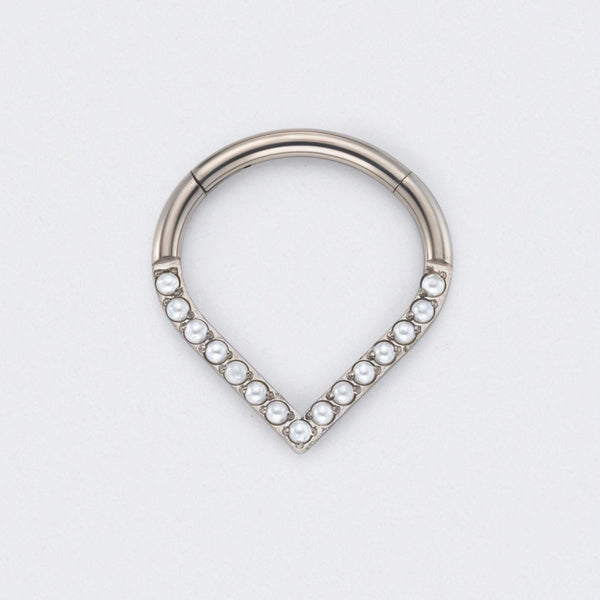 V Shape with Pearl Front Facing Segment Hoop in Silver - Titanium