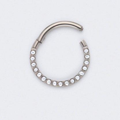 Hinged Segment Ring Front Face Pearl in Silver - Titanium