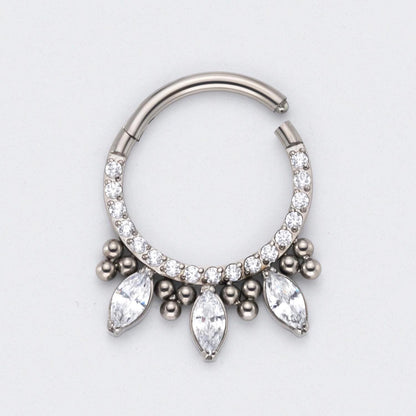 CZ Front face with 3 Marquise CZ and Bead Cluster Segment Hoop in Silver - Titanium