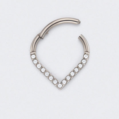 V Shape with Pearl Front Facing Segment Hoop in Silver - Titanium