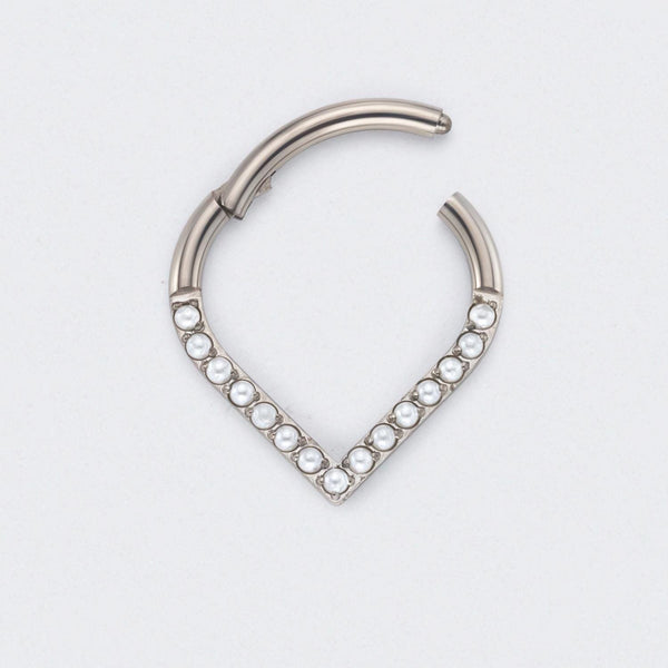 V Shape with Pearl Front Facing Segment Hoop in Silver - Titanium