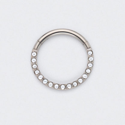 Hinged Segment Ring Front Face Pearl in Silver - Titanium