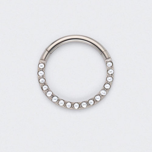 Hinged Segment Ring Front Face Pearl in Silver - Titanium