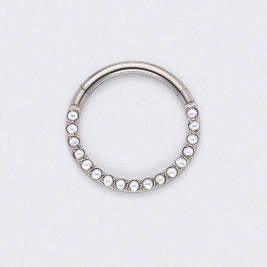 Hinged Segment Ring Front Face Pearl in Silver - Titanium