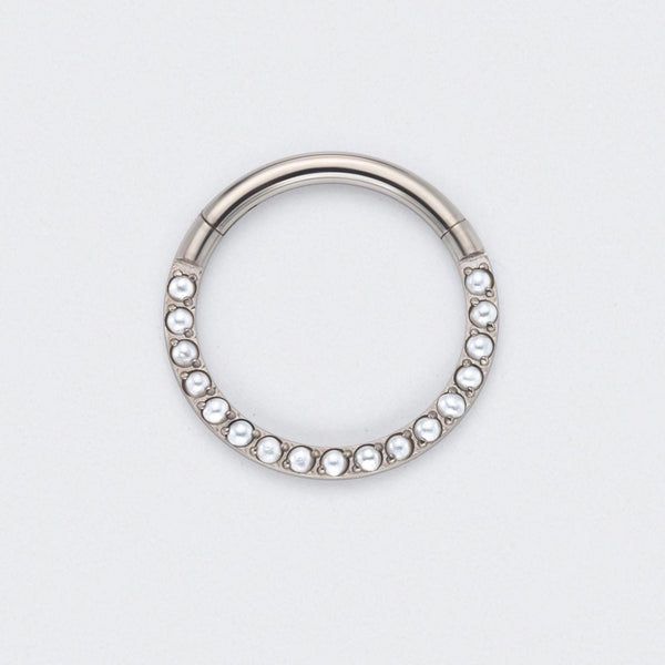 Hinged Segment Ring Front Face Pearl in Silver - Titanium