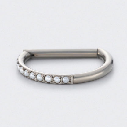 Hinged Segment Ring D Shape Half Side Pearl Paved in Silver - Titanium