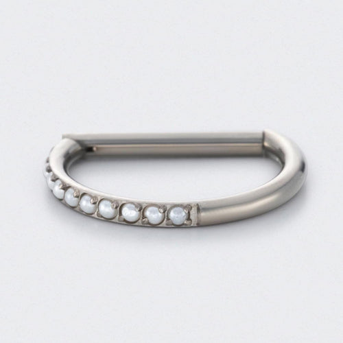 Hinged Segment Ring D Shape Half Side Pearl Paved in Silver - Titanium