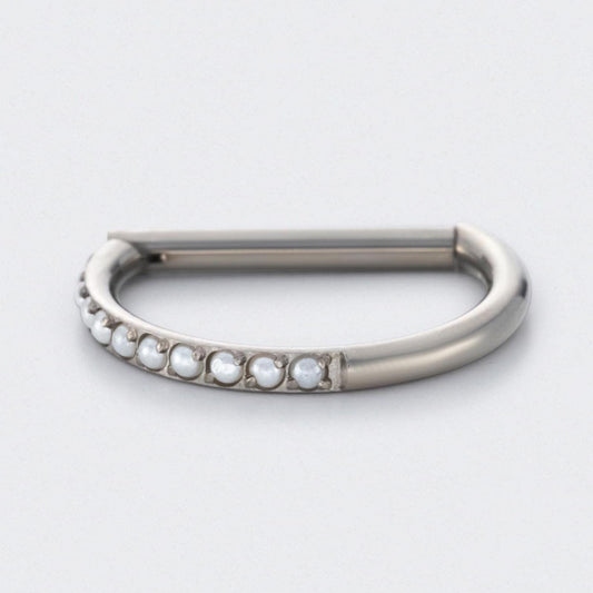 Hinged Segment Ring D Shape Half Side Pearl Paved in Silver - Titanium