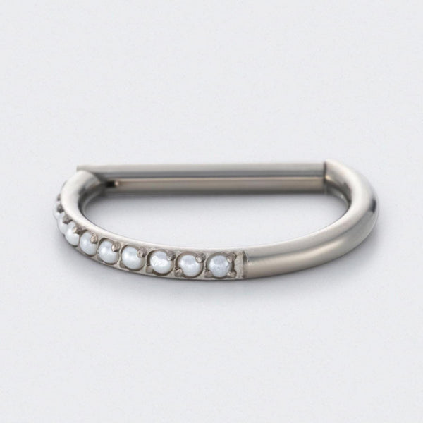 Hinged Segment Ring D Shape Half Side Pearl Paved in Silver - Titanium